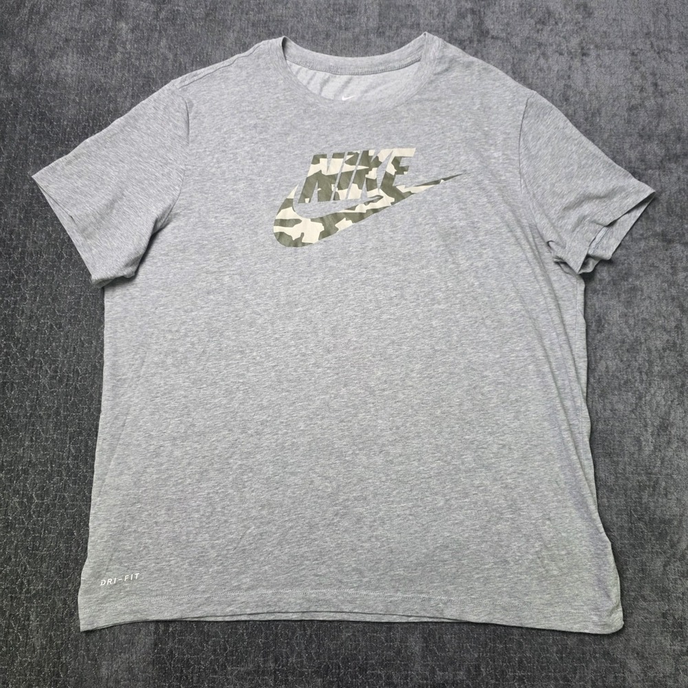 Nike Logo T Shirt Mens XL Gray Dri Fit Camo Spellout Logo Short Sleeve Athletic
